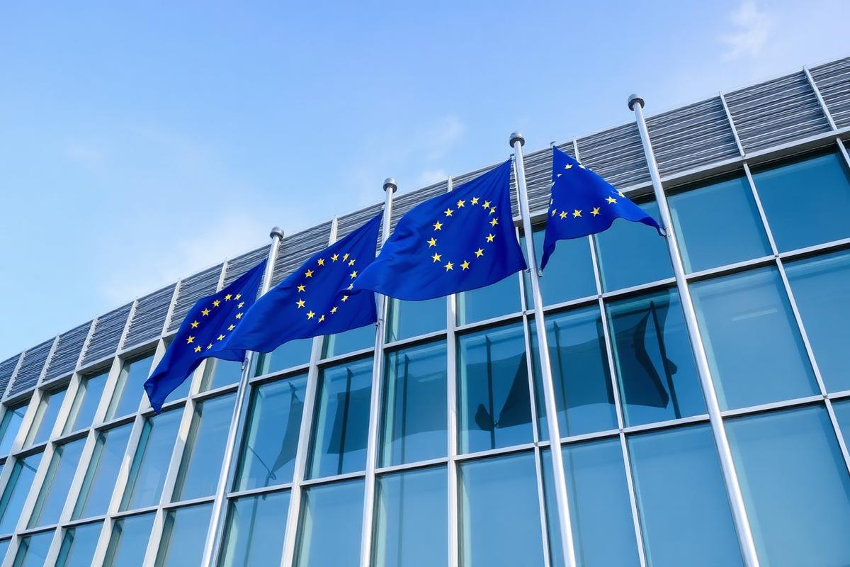 Drapeaux européens devant un bâtiment institutionnel vitré
