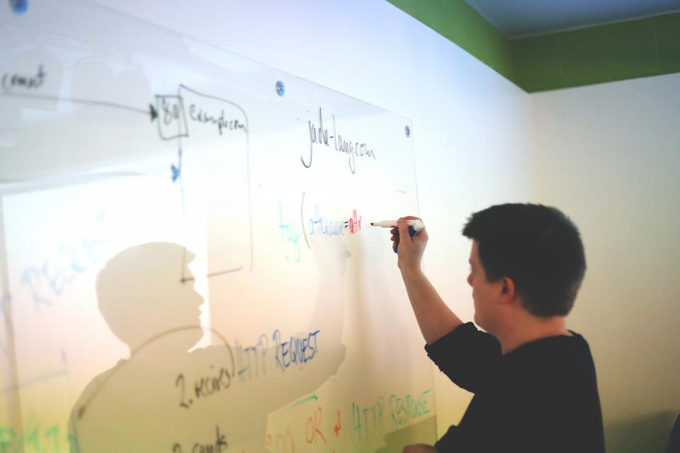Séance de travail collaborative devant un tableau blanc